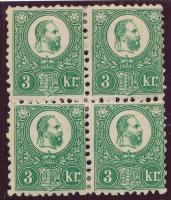 1871 Réznyomat 3kr négyestömb eredeti gumival, falcos. Certificate: Raybaudi