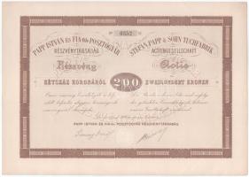 1909. Barczarozsnyó "Papp István és Fia-féle Posztógyár Részvénytársaság" részvénye 200K-ról szárazpecséttel, szelvénnyel, a hátlapon bélyegzéssel T:AU