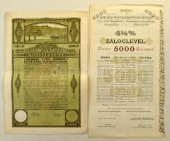 1916. Budapest "Pesti Hazai Első Takarékpénztár-Egyesület" 4 1/2% Záloglevél 5000K-ról, szelvényekkel, szárazpecséttel, felülbélyegzéssel + 1920. Budapest "Budapest Székesfőváros" kötelezvény 1000K-ról, magyar és német nyelven szelvényekkel, szárazpecséttel T:XF