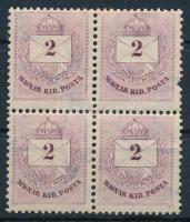 1881 2kr négyestömb elfogazva (felső jobb bélyegen hiányzó fog / missing perf on the right)