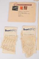 1943 Nagykovácsy üzletház fejléces boríték, levél + 3 db csipke termékminta