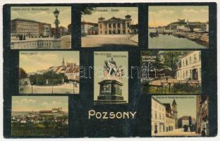 1912 Pozsony, Pressburg, Bratislava; Koronázási emlék tér, Mária Terézia szobor, Pályaudvar, vasútállomás, vár, Kossuth Lajos tér, villamos, Vaskutacska, Ferenciek tere, Városháza, Wach János üzlete / square, monument, railway station, castle, tram, spa, town hall, shops (fl)