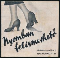 cca 1940 ,,Nyomban felismerhető tökéletes formájáról a Nagykovácsy-cipő", Nagykovácsy Milenkó textil-, ruházati és cipőüzlete képes reklámprospektus, árjegyzék, 9x9,5 cm