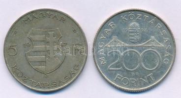 1947. 5Ft Ag "Kossuth" + 1994. 200Ft "Deák" T:F,XF patina Adamo F8.1, F13.1