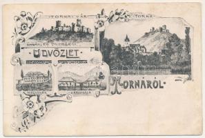 Torna, Abaúj-Torna, Turnau, Turna nad Bodvou; Tornai vár, Megyeháza, Városháza / Turniansky hrad / castle ruins, county hall, town hall. Art Nouveau, floral (EK)