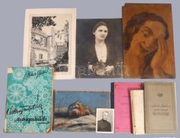 Vegyes tétel: egy keretezett akvarell, néhány grafika, bélyeggyűjtemény, bizonyítványok, stb