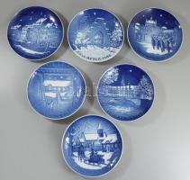 Royal Copenhagen 6 darab karácsonyi dísztányér, máz alatti kék festéssel, jelzett, hibátlan, d: 18,5 cm