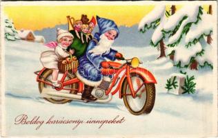 1937 Boldog karácsonyi ünnepeket! Mikulás motorkerékpáron / Christmas greeting art postcard, Saint Nicholas on a motorcycle. Amag 3061. (EK)