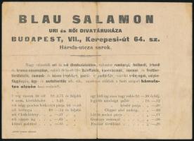cca 1890-1900 Blau Salamon úri és női divatáruháza (Bp., VII., Kerepesi út 64.) reklámlapja, másik oldalán 100Ft-os bankjegy ("Kossuth bankó") ábrázolásával, 13,5x18,5 cm