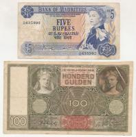 Mauritius 1967-1982 k. 5R + Hollandia 1942. 100G T:VG Mauritius 1967-1982. 5 Rupees + Netherlands 1942. 100 Gulden C:VG Krause P#30, P#51c