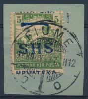 SHS 1918 Arató 5f bélyeg "FIUME / 1 O" felülnyomattal, Bodor vizsgálójellel