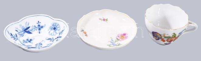 Meissen 3 darab tárgy, alátét, csészealj, csésze, klf jelzés, d: 14 cm