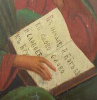 Szent János evangelista. cca 19. sz. vége, orosz ikonfestő, felületi sérülésekkel, 30,5x22,5 cm