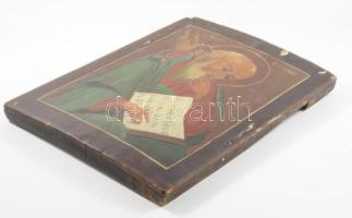 Szent János evangelista. cca 19. sz. vége, orosz ikonfestő, felületi sérülésekkel, 30,5x22,5 cm