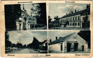 Beled, Barthodeiszky kastély, Szarvas szálloda, utca, Hangya szövetkezet üzlete (fa)