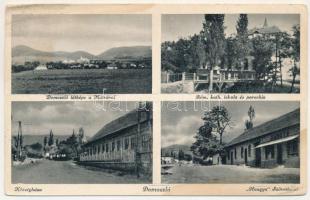 1938 Domoszló, látkép a Mátrával, községháza, római katolikus iskola és parókia, Hangya szövetkezet üzlete és saját kiadása. Bejczy Gyula fényképezte (ázott / wet damage)