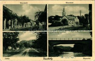 1941 Pincehely, utca részlet, templom, Kapos híd (EK)