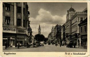 1940 Nagykanizsa, Fő út a városházával, Grünfeld üzlete, kávéház, automobil (EK)