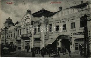 1913 Ungvár, Uzshorod, Uzhhorod, Uzhorod; Hotel Korona szálloda és étterem, bejárat az étterembe, Horvát Mór, Berkes Béla üzlete, sörcsarnok / hotel, restaurant, shops, beer hall (EK)