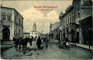 1910 Beregszász, Beregovo, Berehove; Kossuth Lajos tér, gyógyszertár, varrógép raktár, nyomda, Fuchs Emil és Kroh Izsák Ignác üzlete. W.L. Bp. 6060. / square, pharmacy, shops, sewing machine warehouse (EK)