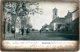 1901 Árpatarló, Ruma; Hauptstraße / Fő utca, templom. Anna Wagner kiadása, Dusak fényképész felvétele / main street, church (EM)