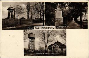 1934 Budapest XVII. Rákoshegy, Templom tér, harangláb, Agorasztó út, Kossuth utcai részlet, víztorony. Varga Edith kiadása (vágott / cut)