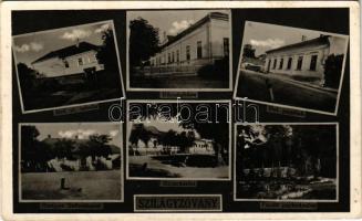1943 Szilágyzovány, Zovány, Zauan; Református elemi iskola és paplak, Községháza, utca részlet, fürdő park, Hangya szövetkezet üzlete és saját kiadása / Calvinist elementary school and parish, town hall, street view, spa park, cooperative shop (EB)