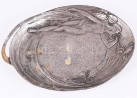 Szecessziós nőalakkal díszített ón kínáló, jelzett, 25x18 cm