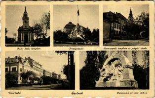 1941 Szolnok, római katolikus templom, Országzászló, Ferencrendi templom és polgári iskola, utcarészlet, Damjanich vértanú szobra (EK)