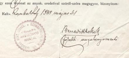 Benedikt Márk szombathelyi ortodox főrabbi, a Holocaust áldozata autográf aláírása