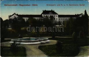 1918 Nagyszeben, Hermannstadt, Sibiu; Erlenpark und k.u.k. Garnisons-Spital / Cs. és kir. helyőrségi kórház. F. Stoiber kiadása / Austro-Hungarian military garrison hospital (EK)