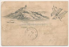 1898 Tihany, Üdvözlet Balatonfüredről, apátság, gőzhajó. Art Nouveau, floral, litho (ázott / wet damage)