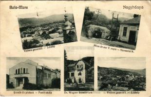 1929 Nagybánya, Baia Mare; látkép, Veresvízi aranybánya, Festőiskola, Dr. Wagner szanatórium. Sárközy kiadása / Vedere generala, Mina de aur Valea Rosie, Scoala de pictura, Sanatorium / general view, gold mine, painters' school, sanatorium (gyűrődés / crease)