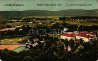 1929 Marosújvár, Uioara, Ocna Mures, Ocnele Muresului; Gőzfürdő a strandfürdővel. Filip Banciu kiadása / Baile de aburi si Baia libera / spa, baths (Rb)