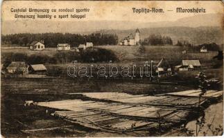 Maroshévíz, Oláhtoplica, Toplita, Toplica; Castelul Urmanczy cu rondoul sportiv / Urmánczy kastély a sport teleppel, fatelep / castle, sports field, lumber yard + "1940 Sepsiszentgyörgy visszatért" So. Stpl. (EM)