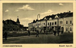 1941 Gyergyószentmiklós, Gheorgheni; Kossuth Lajos tér, Lázár Kálmán üzlete, gyógyszertár / square, shops, pharmacy (EK)