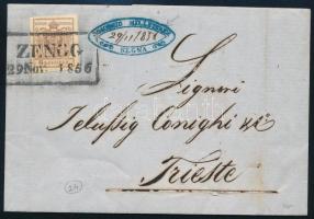 1856 6kr MP III teljes tartalmú levélen (a cégbélyegzésbe dátumot írtak) "ZENGG" Triesztbe, piros érkezési bélyegzéssel