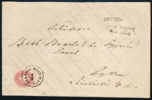 ~1864 5kr + 5kr pár ajánlott levélen. A boríték belső oldala a Felvidéki Magyar Közlöny kinyomtatott, összefüggő címszalagjai. "BALASSA GYARMATH" + "RECOM" + "NACH ABGANG DER POST" - "PEST"