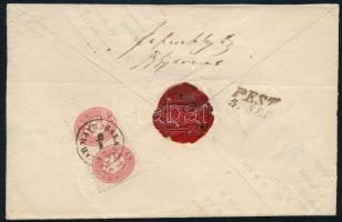 ~1864 5kr + 5kr pár ajánlott levélen. A boríték belső oldala a Felvidéki Magyar Közlöny kinyomtatott...