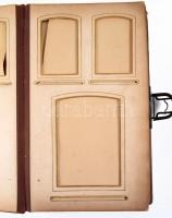 Szecessziós, fémverettel díszített, dombornyomott bőrkötésű fotóalbum keményhátú fotók (vizitkártyák, kabinetfotók) számára, fém kapoccsal, korának megfelelő állapotban, kopottas borítóval, egy-két sérült albumlappal, üres, 33,5x20,5x6 cm