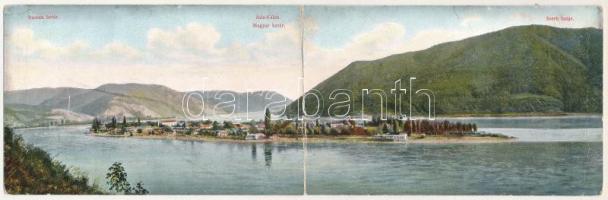 Ada Kaleh. Magyar-román-szerb határ. 2-részes kinyitható panorámalap. M. G. O. / Hungarian-Romanian-Serbian border - 2-tiled folding panoramacard (hajtásnál szakadt / torn at fold)