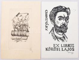 2 db ex libris: Varga Nándor Lajos (1895-1978): Ex libris Kőrösi Lajos. Fametszet, papír, jelzett. 12x7 cm és Nagy Árpád Dániel (1922-1985): Ex libris Losonczi Pál. Rézkarc, papír, jelzett, 11x6 cm.