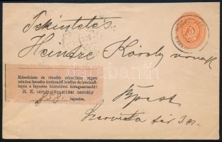 1896 5kr díjjegyes boríték 5kr díjkiegészítéssel "HOSSZÚMEZŐ"