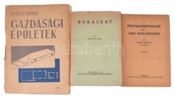 10 db vegyes, főként mezőgazdasági témájú könyv és kiadvány: Horn János: Gyümölcsfák átoltása.; Gazda Kalendárium 1948.; Schrikker Sándor faiskolájának árjegyzéke 1942-43.; Requinyi Géza: Borászat.; Kotsis Endre: Gazdasági épületek.; stb. Változó állapotban.