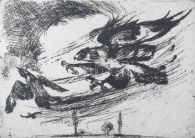 Wrabel (Vrábel) Sándor (1926-1992): Pedzés (vadászat témájú grafika). Hidegtű, papír, jelzett, üvegezett fakeretben. 29x39 cm