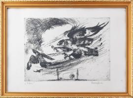 Wrabel (Vrábel) Sándor (1926-1992): Pedzés (vadászat témájú grafika). Hidegtű, papír, jelzett, üvege...