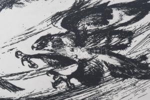 Wrabel (Vrábel) Sándor (1926-1992): Pedzés (vadászat témájú grafika). Hidegtű, papír, jelzett, üvege...