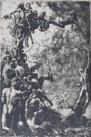 Megyesi (Medgyesi) Schwartz Antal (1897-1978): Jelenet (cím nélkül). Rézkarc, papír, jelzett, üvegezett fakeretben. 27,5x19,5 cm