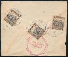 1920 Boríték hátoldalán 3 db Debrecen 20f megszállási bélyeg "POLGÁR" bélyegzéssel, Bodor vizsgálójellel