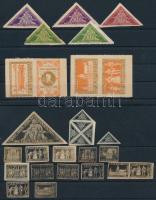 Szege Sándor szobrászművész Jókai centenáriumi emlékbélyege és adománybélyegei terveinek nyomdai fotói összesen 20 db (9 különféle), 76 db megvalósult fogazott vagy vágott emlékbélyeg több féle színben, Jókai kiállítás 4 klf részben fogazatlan levélzáró + a Petőfi társaság felhívása emlékbélyeg használatára, a Múzsa Irodalmi és Művészeti RT megbízó levele Szege Sándor részére, továbbá 3 kapcsolódó újságcikk +  Szege Sándor (1883-1945): Jókai Mór születésének centenáriuma alkalmából készített emlékbélyeg és levélzáró tervek, össz. 12 db, 1925. Tus, papír. Többségében jelzett. Részben korabeli kartonra kasírozva. 5,5x8 és 10x20 cm közötti méretekben.